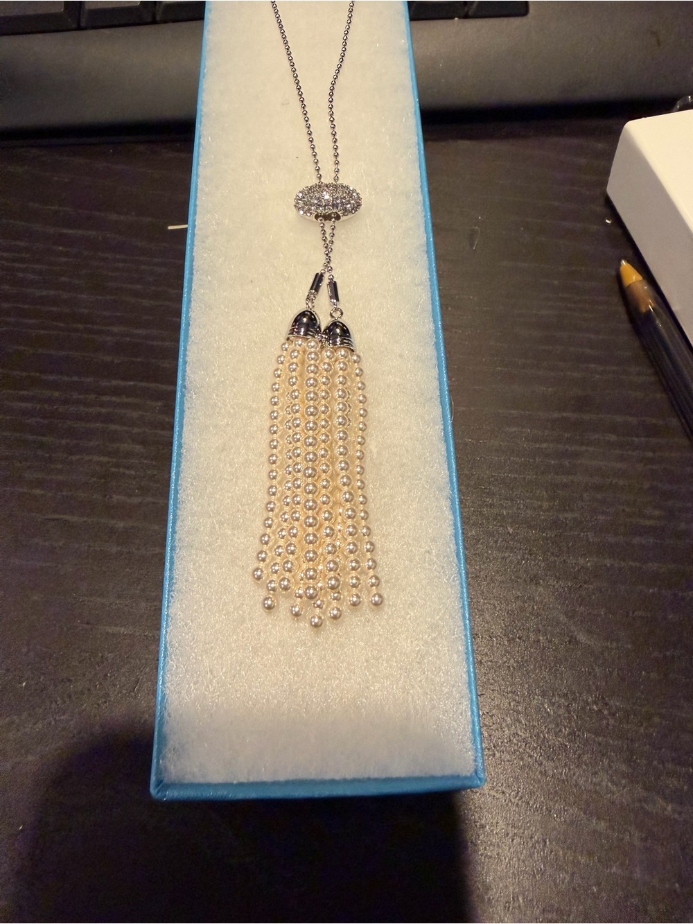 Touchstone Crystal Cream Pearl Tassel Necklace with Silver Accents